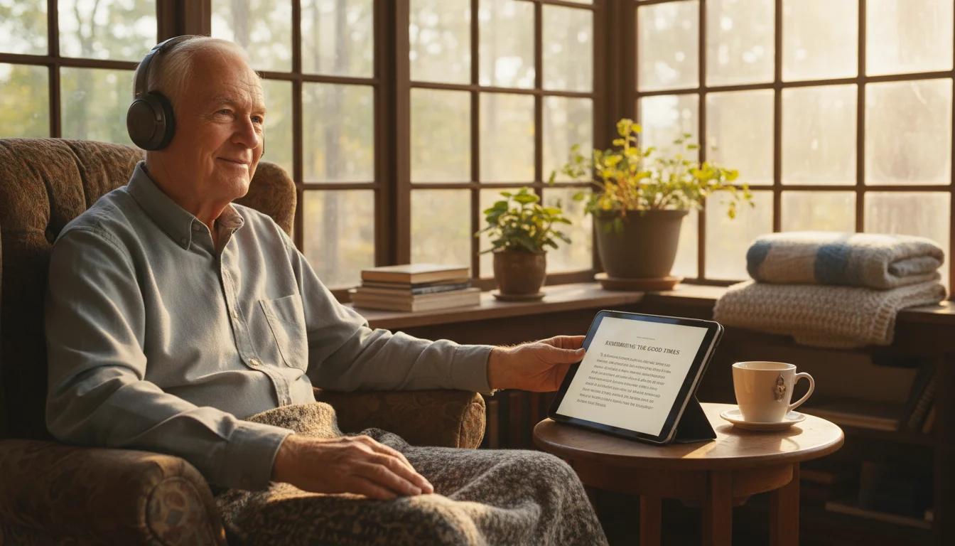 An older man in headphones, sitting on a sunlit porch, gently resting his hand near a tablet displaying an audiobook app.