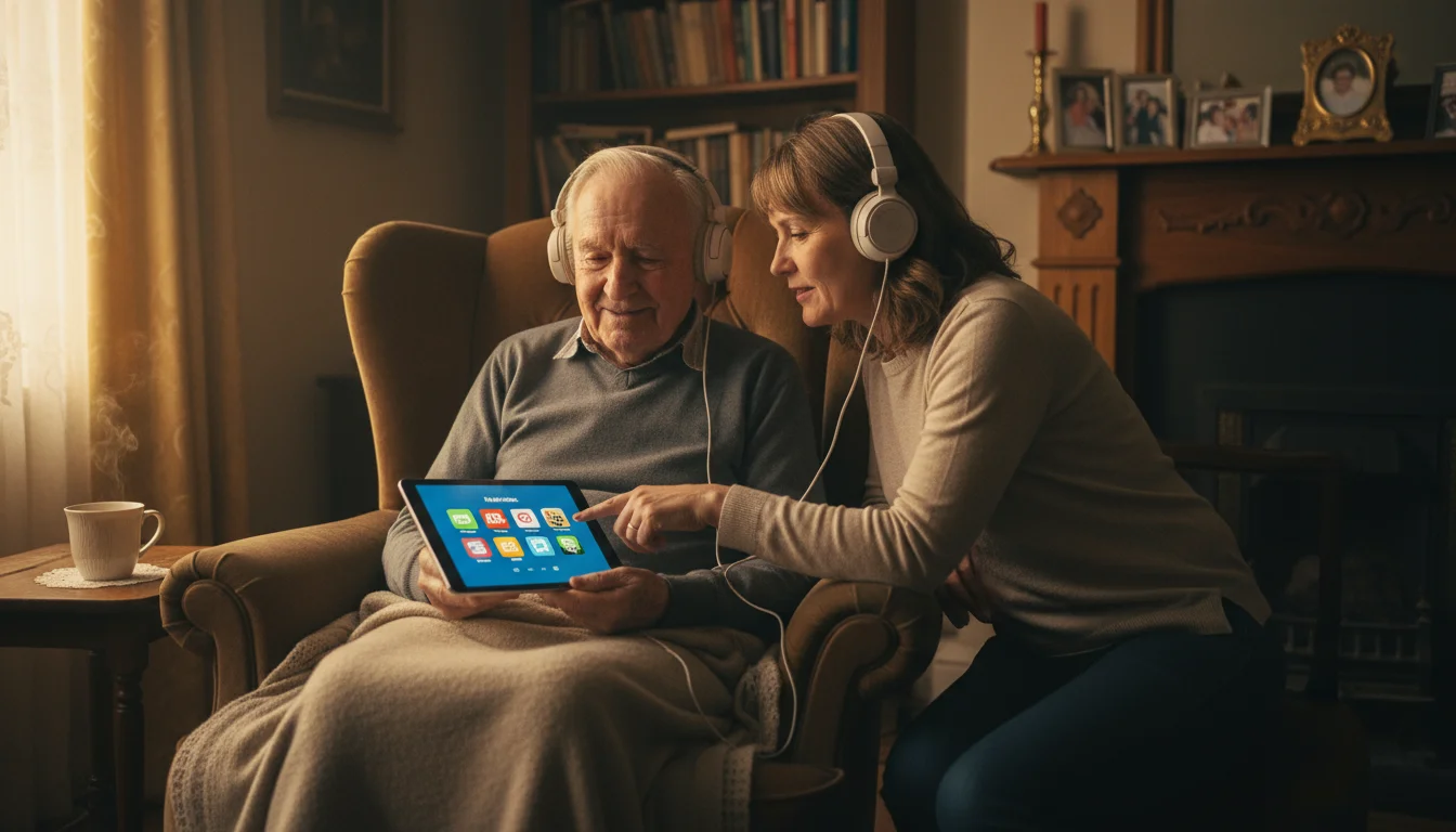 An older man and his adult daughter in a living room, both wearing headphones, looking at audiobook service icons on a tablet.