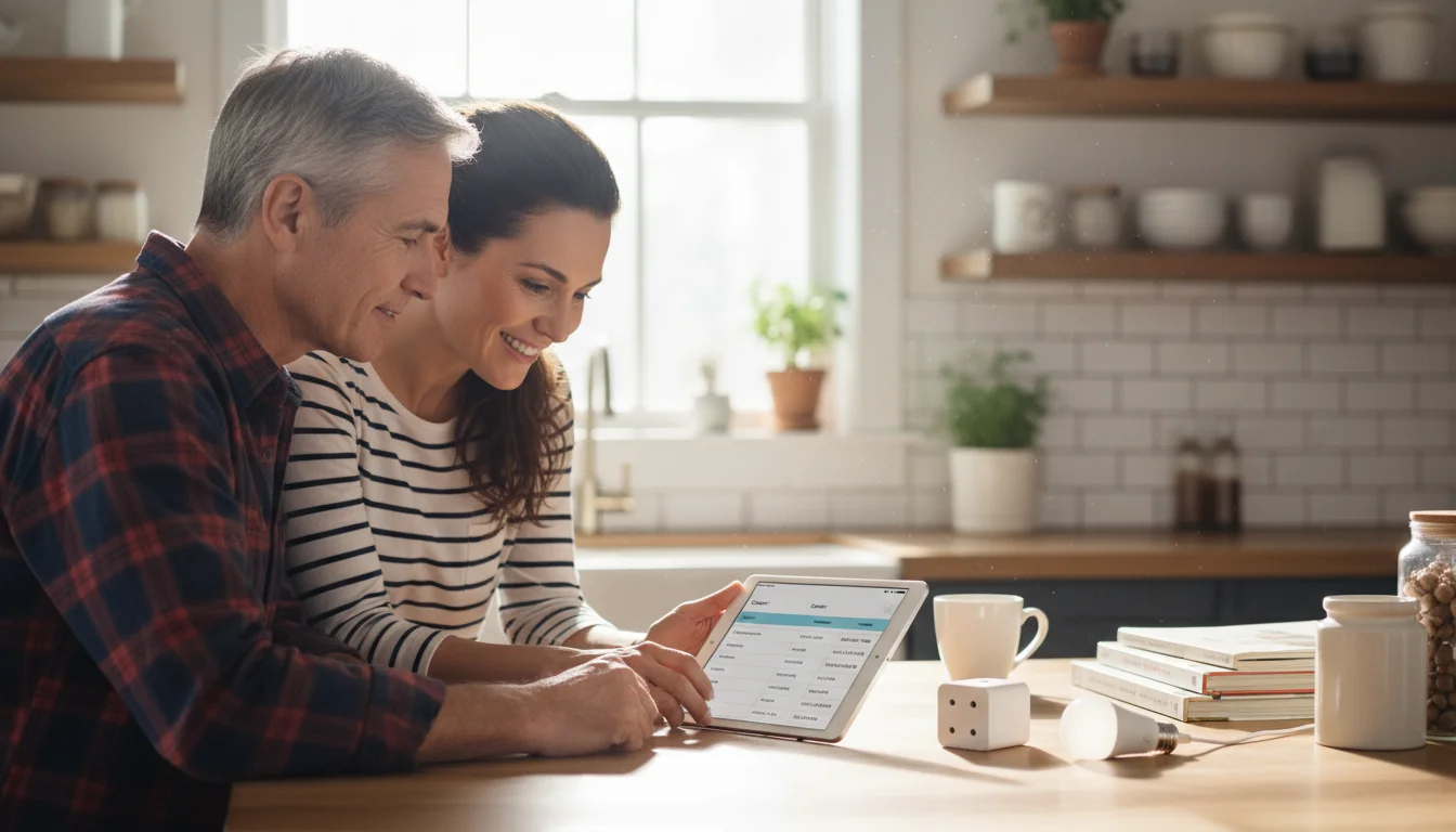 An older man and his adult daughter review a tablet, with smart home devices and a notepad on a kitchen island.