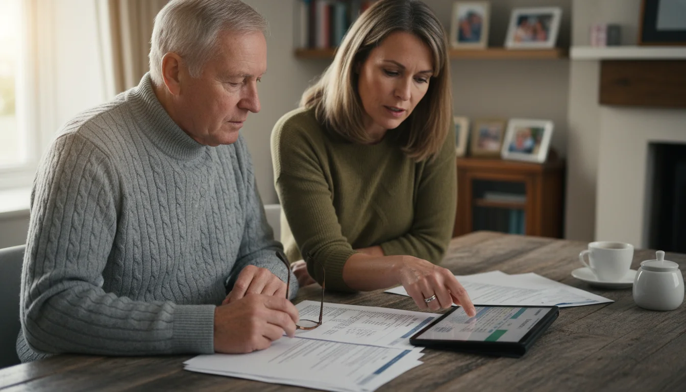 An older man and his adult daughter sit at a dining table, intently reviewing pension documents and a tablet displaying financial comparisons.