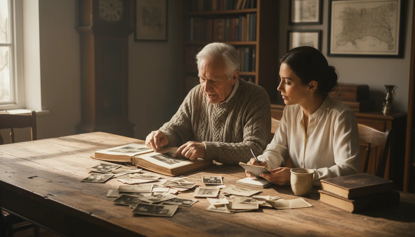 An older man and his adult daughter at a table filled with old photos and albums, discussing memories and stories together.