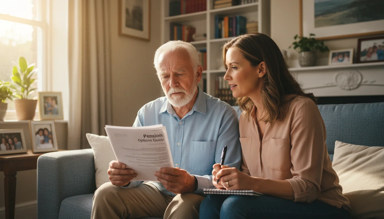 An older man and his daughter review pension documents together in a sunlit living room, with the daughter holding a pen and notepad.