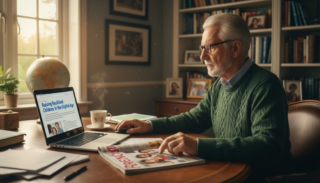 An older man in his early 70s sits at a desk, looking at his laptop. A parenting magazine lies open beside the computer.