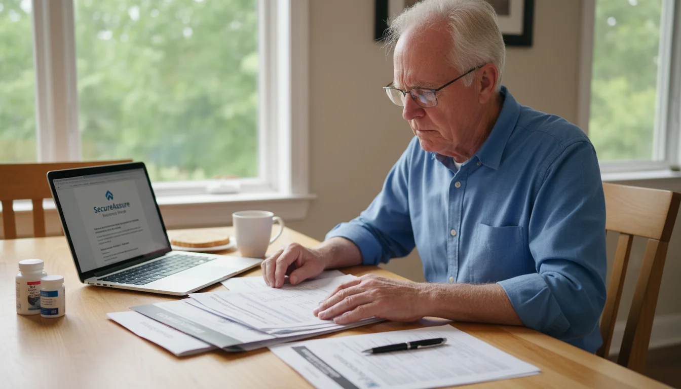 An older man at a kitchen table reviews physical Medicare documents and an insurance website on his laptop, looking intently at the papers.