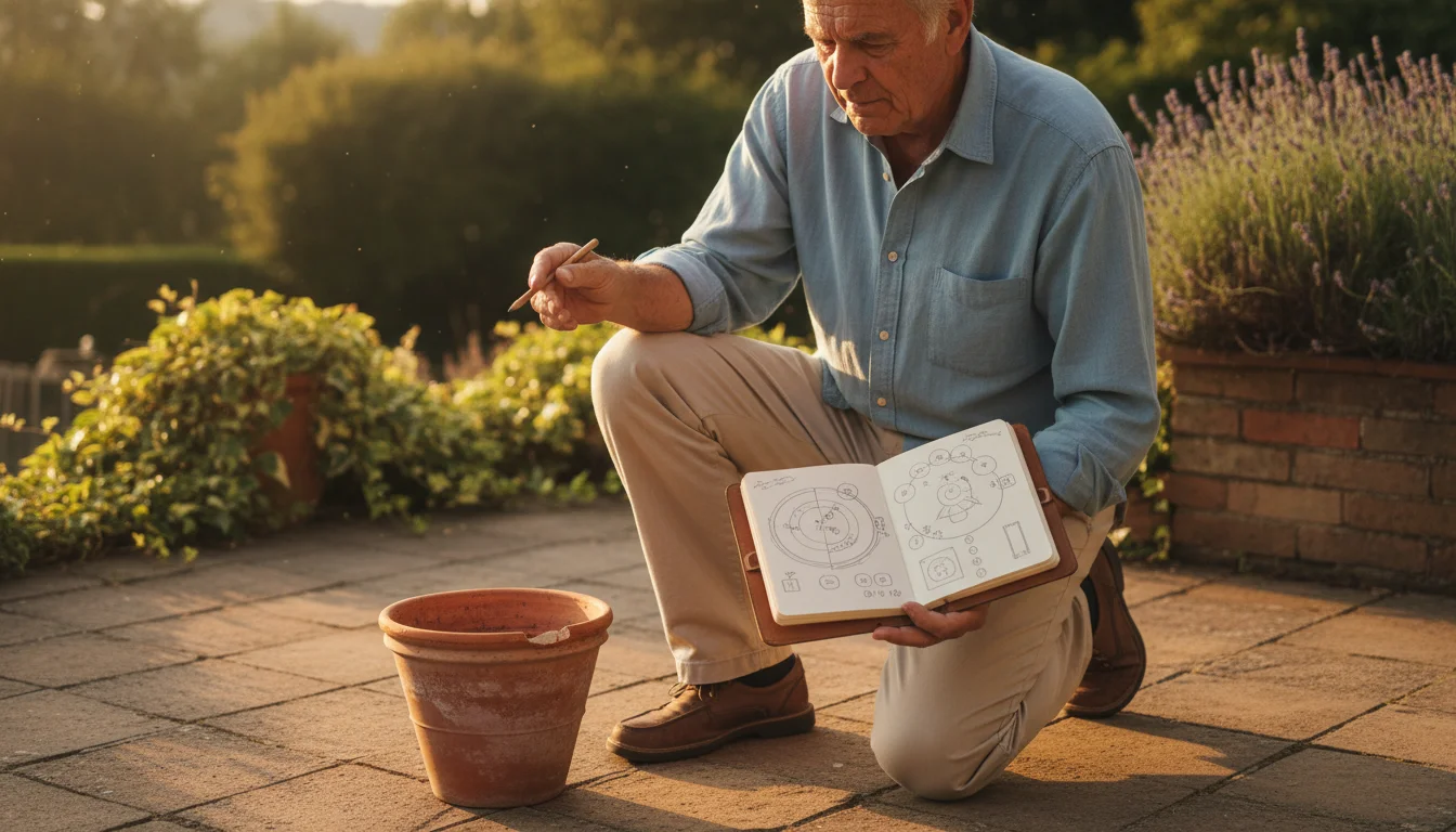 An older man kneels on a patio, sketching garden layout ideas in a notebook, looking at the empty space.