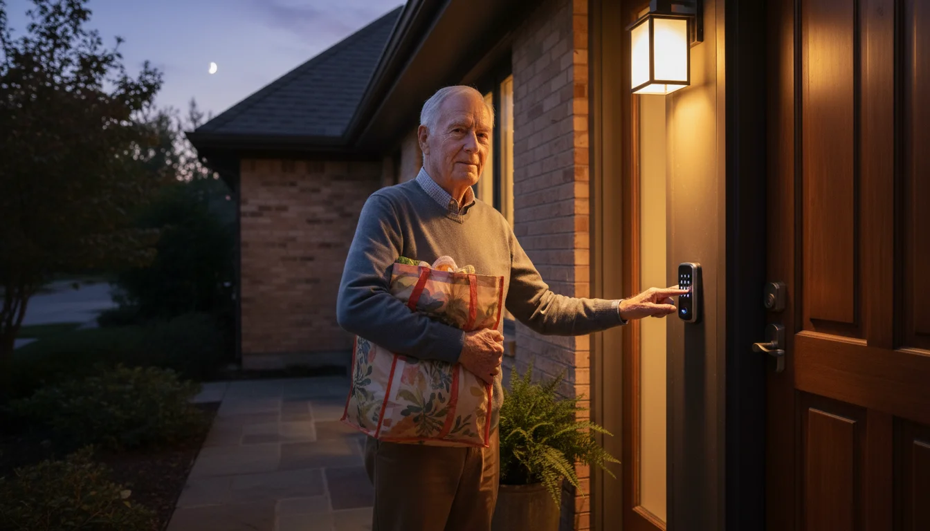 Older man, late 70s, with groceries, confidently entering a code on a smart lock keypad at dusk. A warm porch light automatically lights the entry.