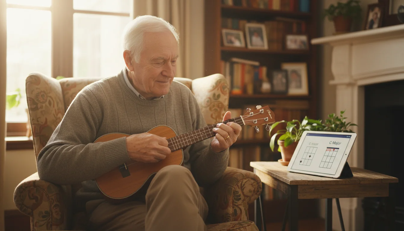 Older man, late 70s, playing a ukulele in a living room, looking at a tablet displaying chord diagrams.