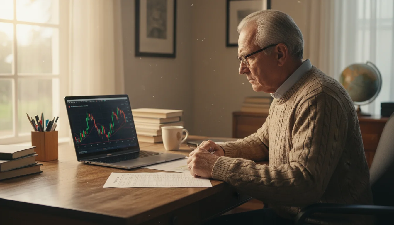 An older man, late 70s, sits at his desk, considering a laptop with a stock market graph and a printed income statement.