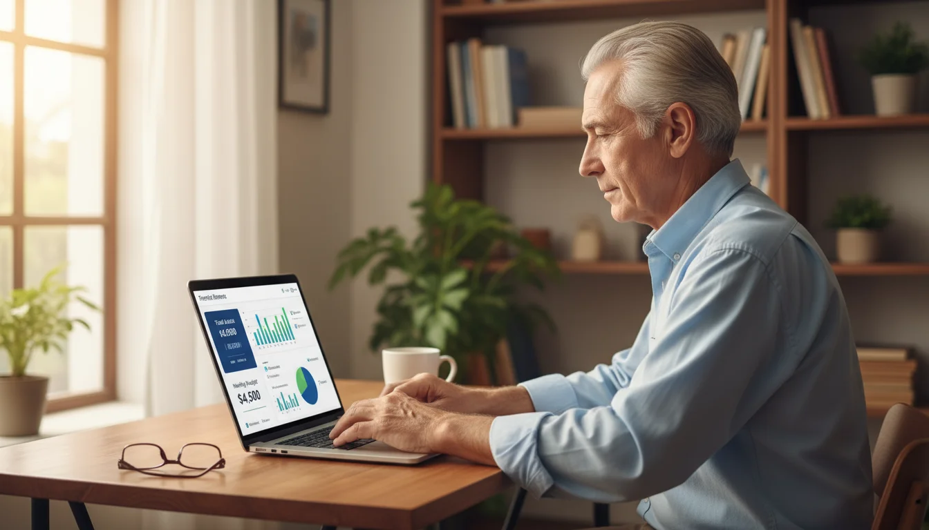 An older man in a light blue shirt sits at a wooden desk, typing on a laptop displaying a financial dashboard. A notebook and pen are beside the lapto