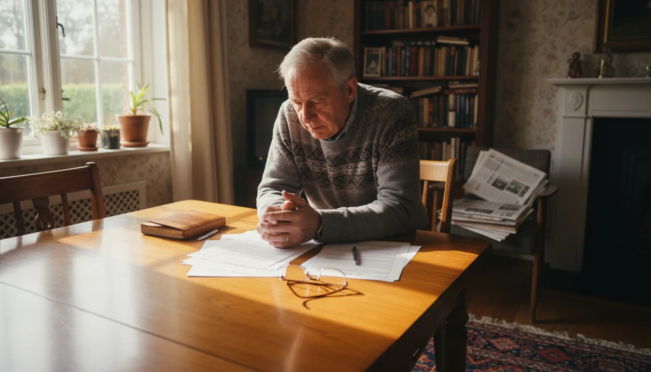 An older man, mid-70s, stands by a dining table looking thoughtfully at financial documents. Sunlight gently illuminates the scene.