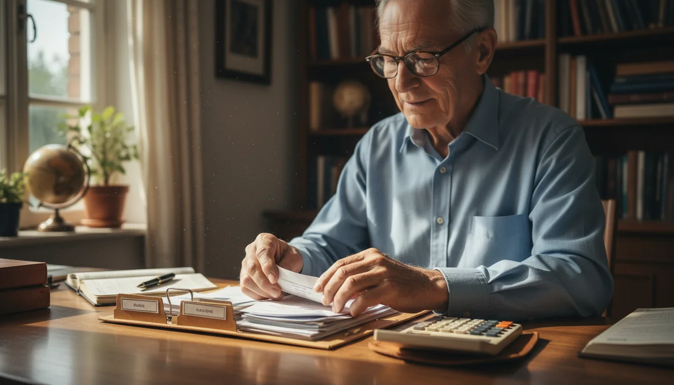 An older man carefully organizes receipts at a desk in a sunny home office, symbolizing the tracking of work earnings for Social Security credits.