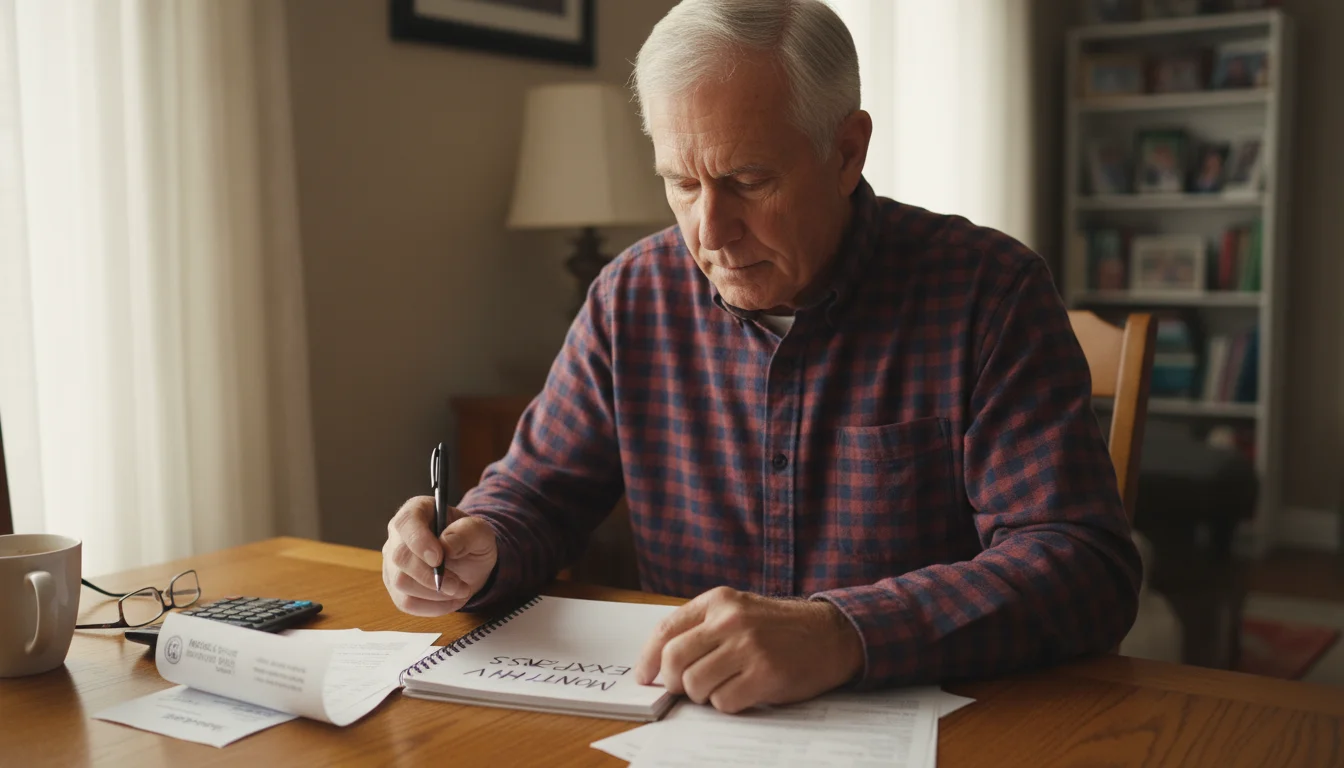 Older man in a plaid shirt at a dining table, looking at a budget notebook and medical bills with a pen in hand.