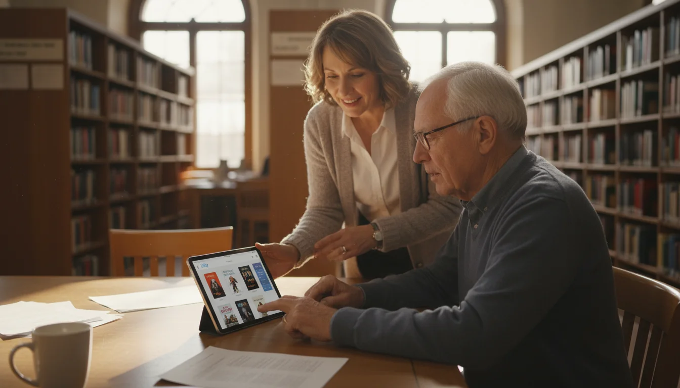 An older man in a public library, wearing glasses, uses a tablet displaying the Libby app while a librarian points to the screen.
