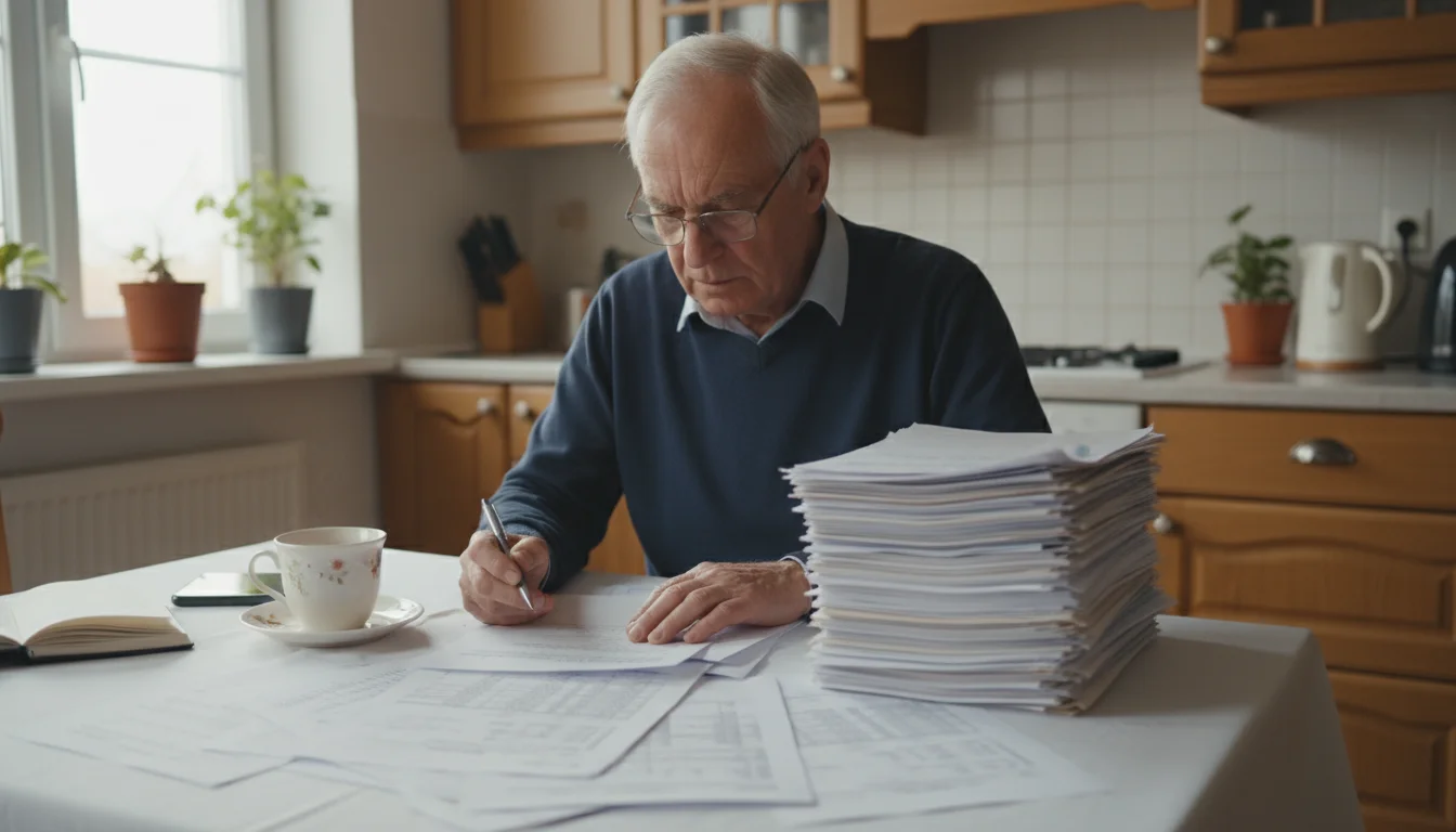 An older man in reading glasses meticulously reviews pension documents on his kitchen table.