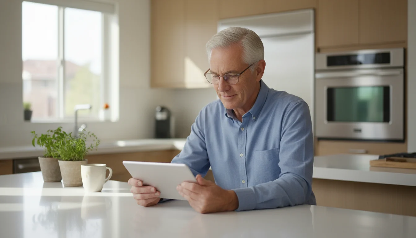 Older man with reading glasses looking at a tablet on a kitchen island.