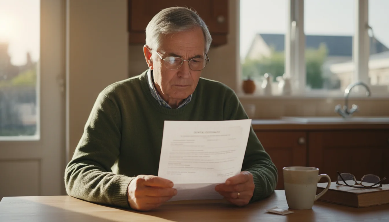 Older man with short gray hair sits at a kitchen table in soft light, carefully reviewing a folded document with a concerned expression. A coffee mug