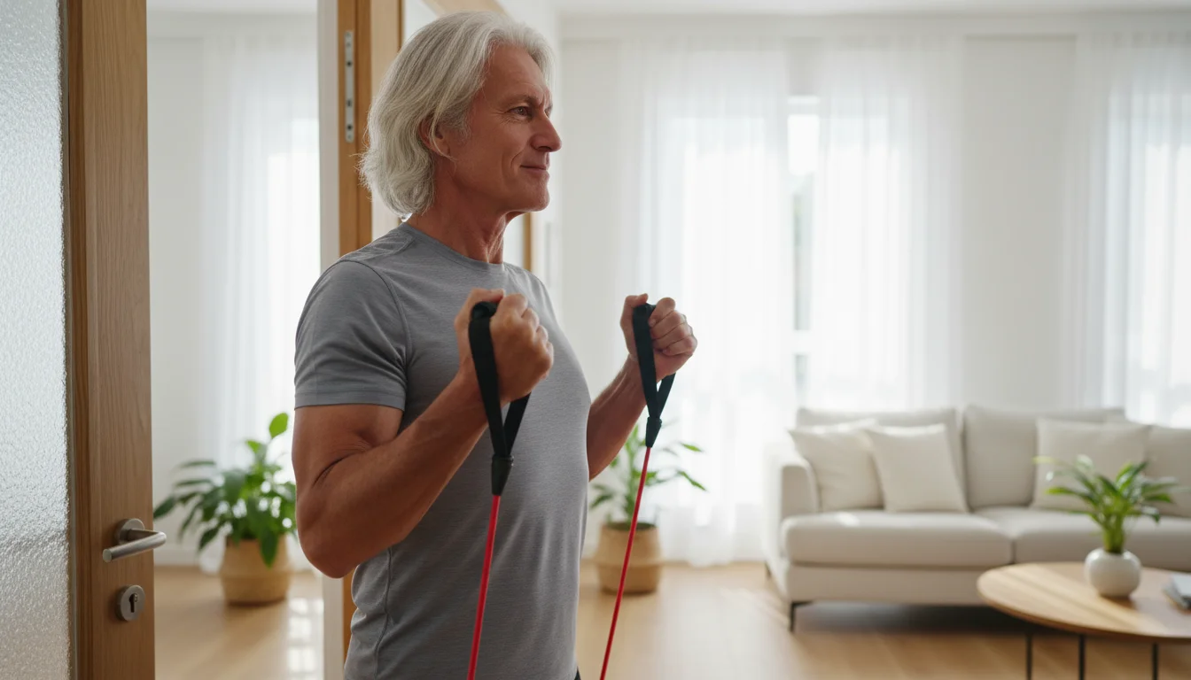 An older man with silver hair performs a resistance band row in a sunlit home, showing focused effort and strong posture.