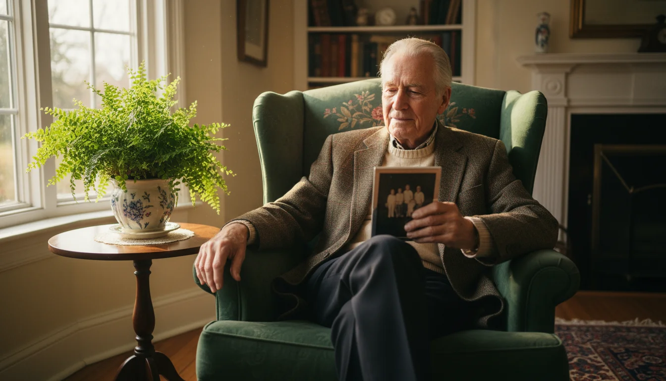 An older man, 70s, sits in an armchair by a window, one hand on a potted plant, the other holding a framed family photo.