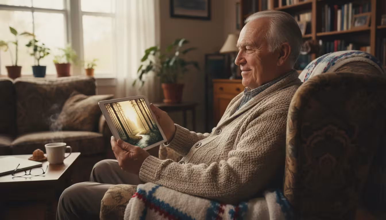 An older man sits comfortably in a cozy armchair at home, looking at a friendly doctor's face on his tablet screen during a telehealth visit.