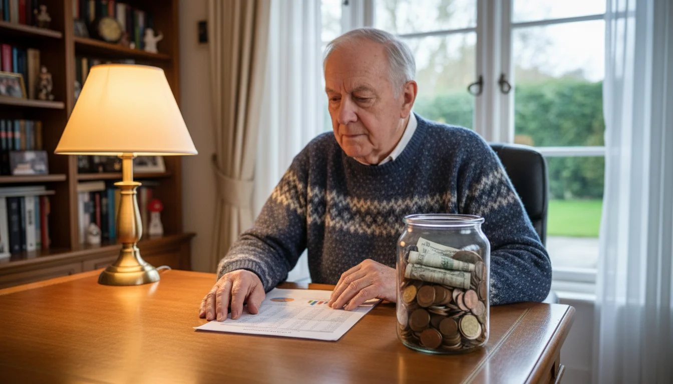 An older man sits at a desk, looking at a financial printout next to a clear glass jar filled with coins and bills.