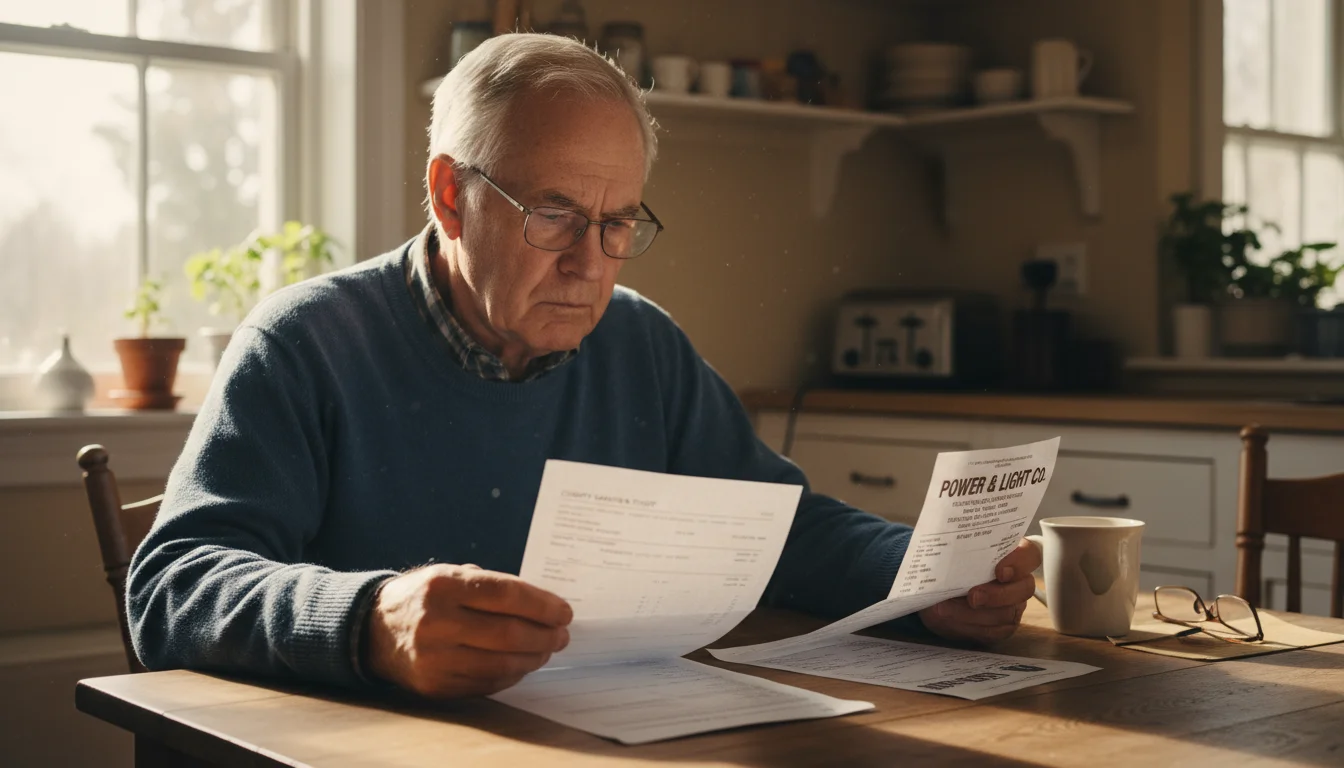 An older man sits at his kitchen table, examining a bank statement and a utility bill with a thoughtful expression.