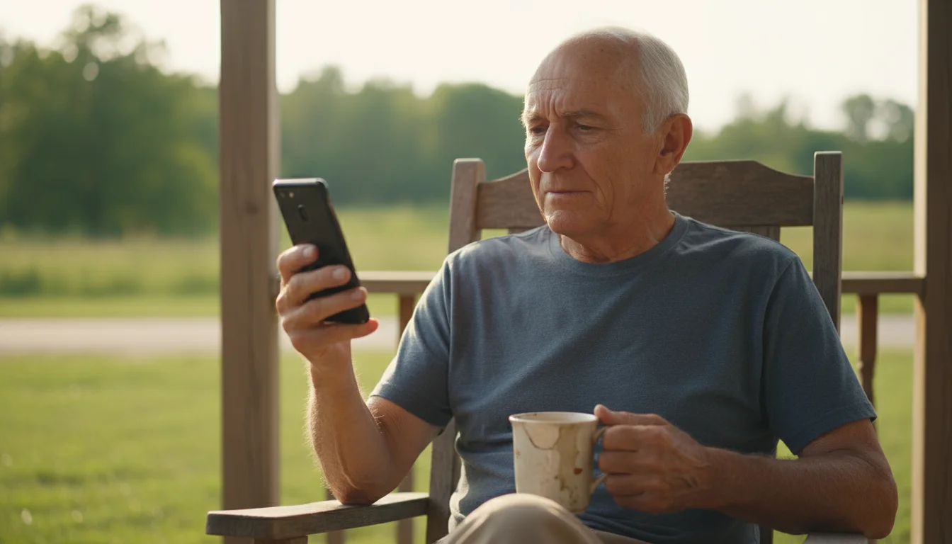 An older man sits on a porch, holding a smartphone in one hand and a coffee mug in the other, looking at the phone with a hesitant expression.