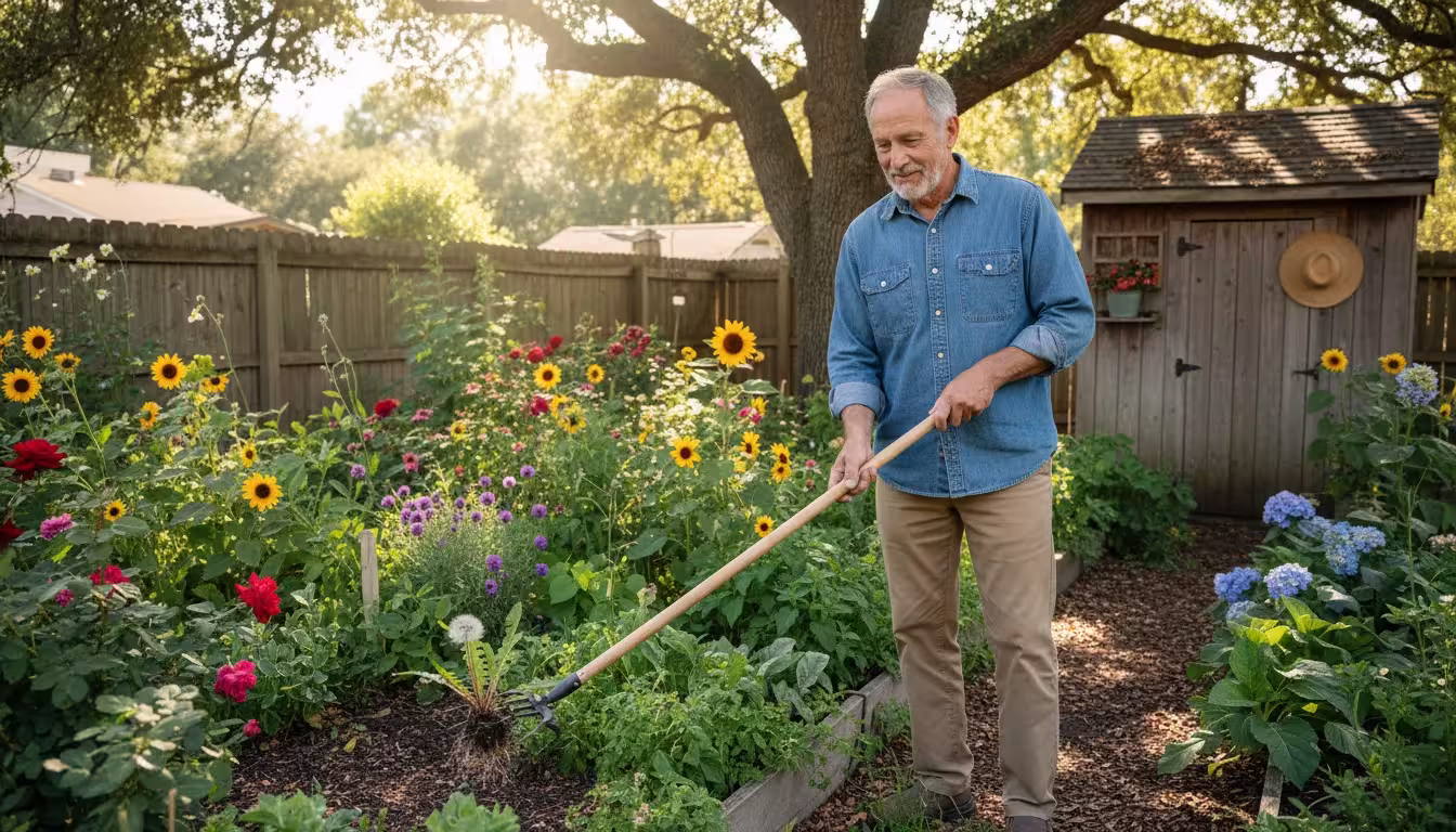 An older man stands comfortably in his garden, using a long-handled stand-up weeder to remove a dandelion.