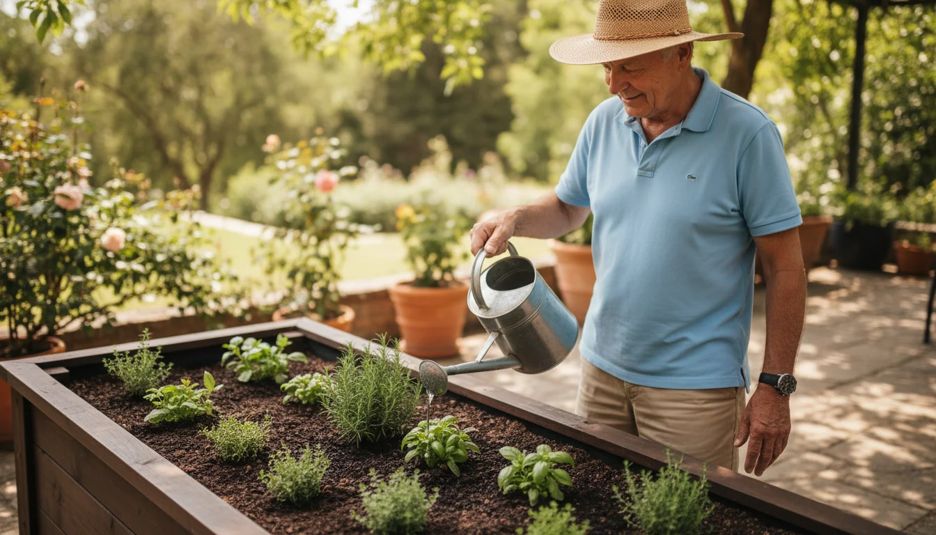 An older man in a sun hat stands comfortably, watering herbs in a waist-high wooden raised garden bed.