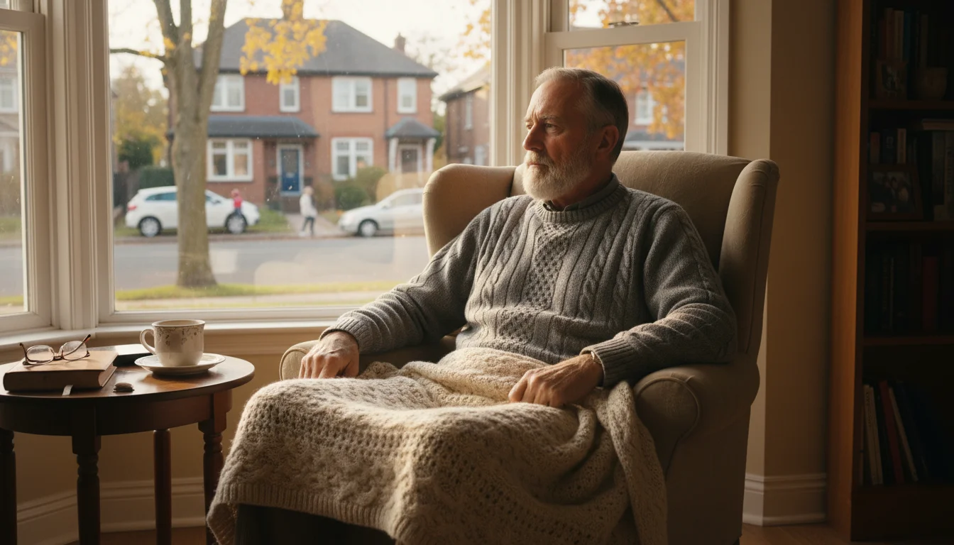 An older man in a sunlit armchair looks thoughtfully out a window, a blanket on his lap and a coffee cup nearby.