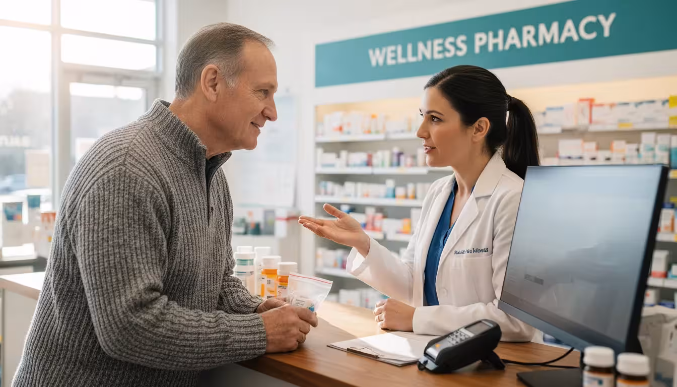 An older man talks with a female pharmacist at a pharmacy counter, with multiple prescription bottles visible.