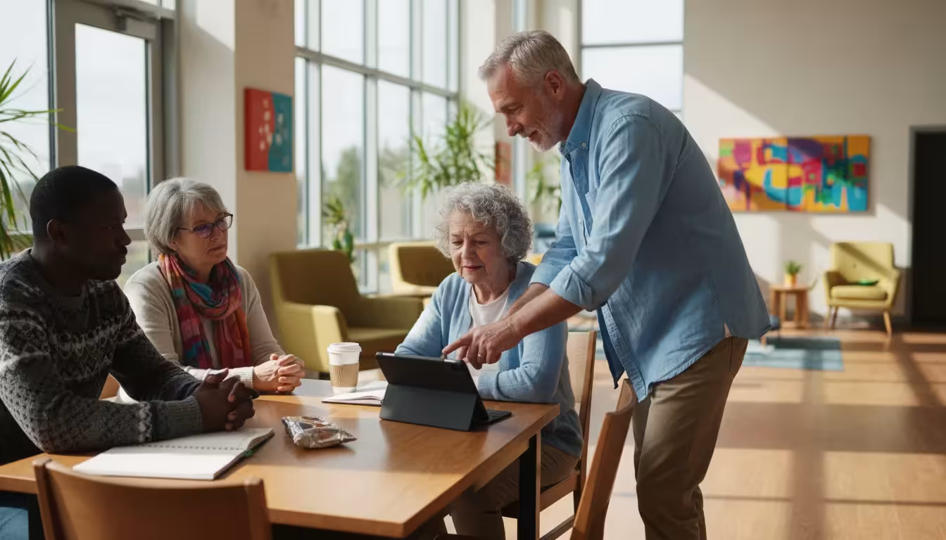 An older man teaching a small group of seniors how to use a tablet in a sunny community center.