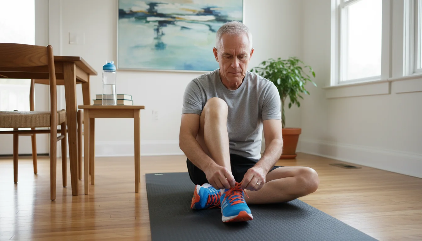 An older man ties athletic shoes on an exercise mat in a bright, clear living room with a chair and water bottle nearby.