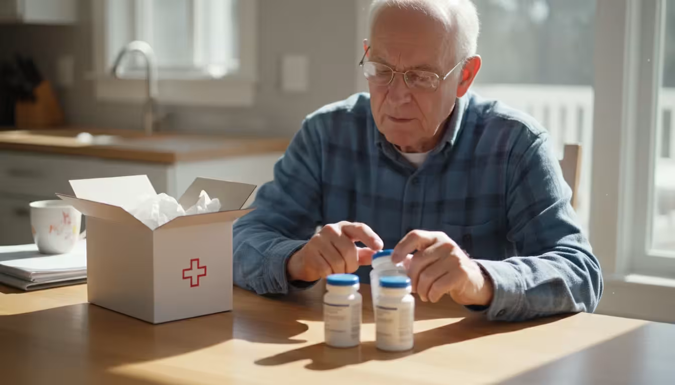 An older man unpacks several generic prescription bottles from a mail-order box on his kitchen table.