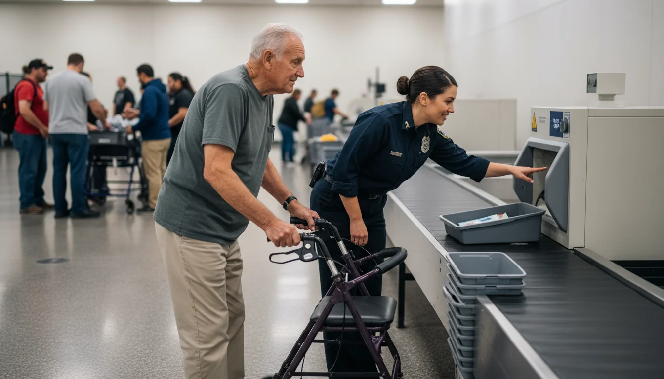 An older man with a walker listens to a TSA agent at an airport security checkpoint. The agent is gently pointing.