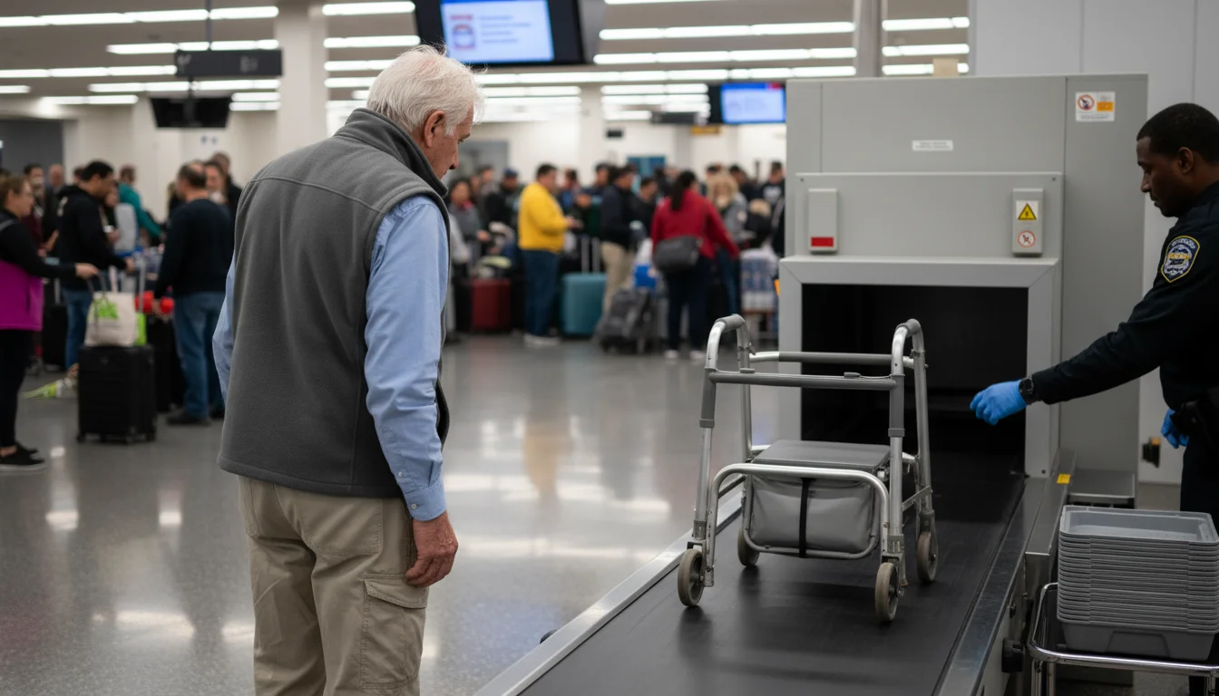 An older man watches his collapsed walker enter the X-ray machine at an airport security checkpoint, with a security officer nearby.