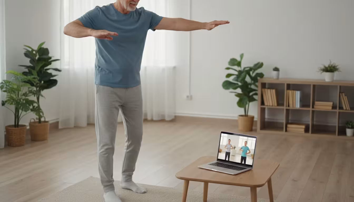 An older man, 70s, wearing comfortable clothes, doing gentle arm circles in a tidy room while watching a virtual fitness class on a laptop.