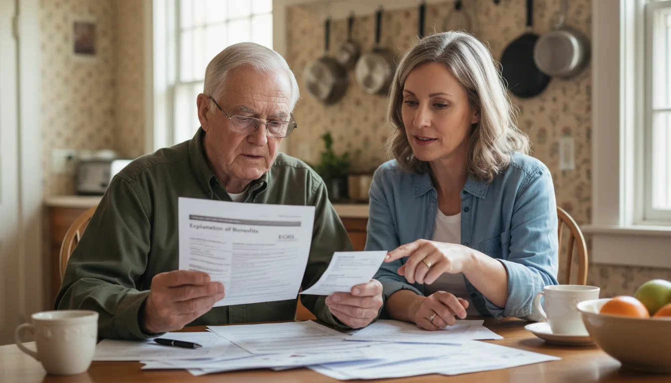 An older man wearing glasses and his adult daughter review an Explanation of Benefits and a medical bill together at a kitchen table.
