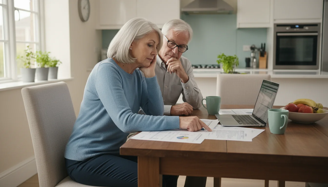 An older man and woman sit at a kitchen table, reviewing financial documents together, with a family photo in the background.