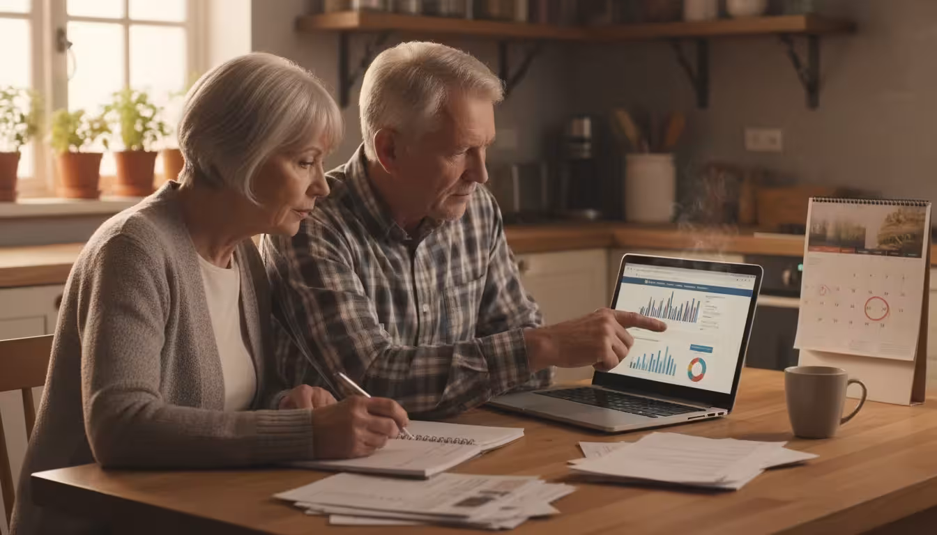 Older man and woman sitting at a kitchen table, reviewing documents and a laptop for retirement planning.