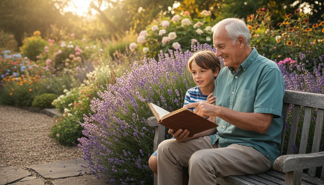An older man on a wooden bench shows an open journal to a child, pointing at a lavender bush in a sunny garden.