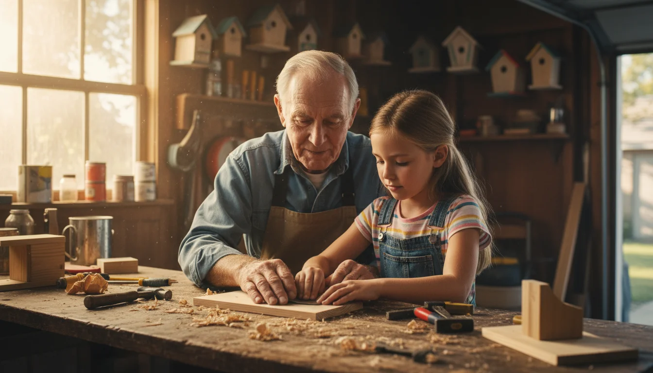 An older man and a young girl building a wooden birdhouse together on a workbench, hands focused on sanding wood.