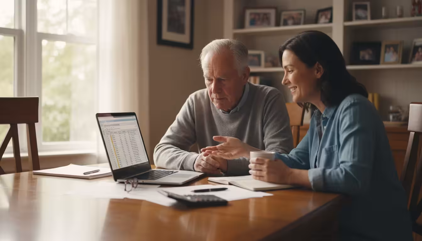 An older man and a younger adult looking at a laptop and tax documents on a dining table, discussing finances.