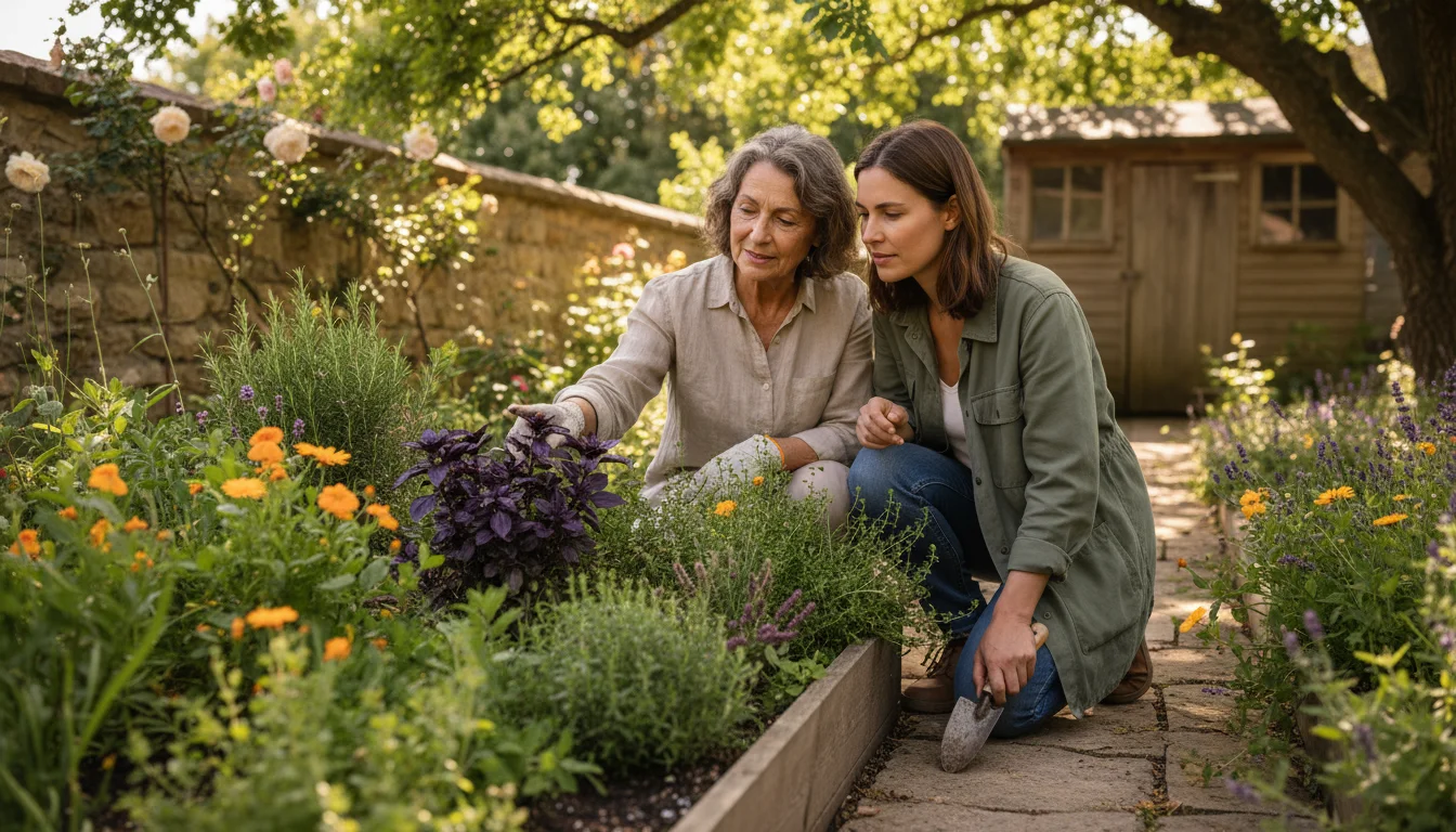 Older mother and adult daughter kneeling side-by-side, tending to plants in a raised garden bed, sharing a quiet moment.