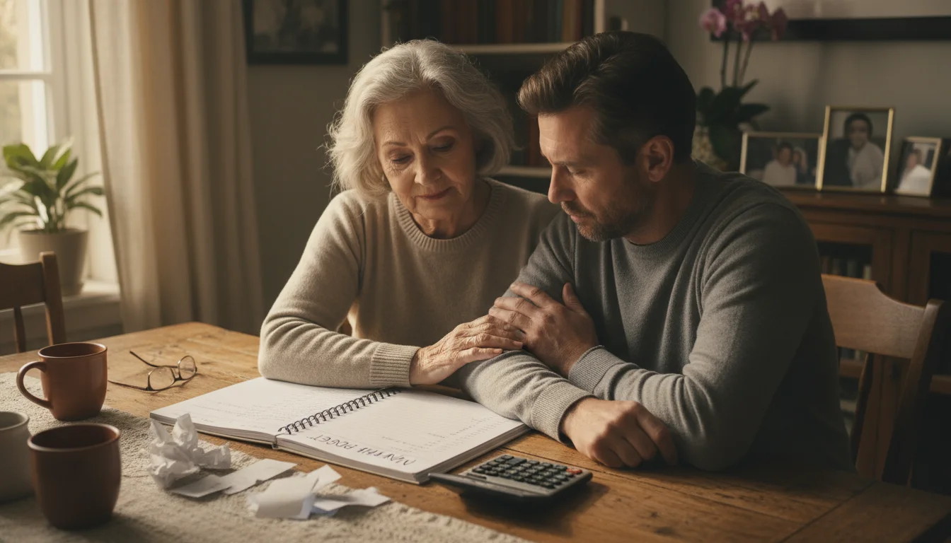 An older mother and her adult son sit at a dining table, looking at a handwritten budget in a notebook with a calculator.