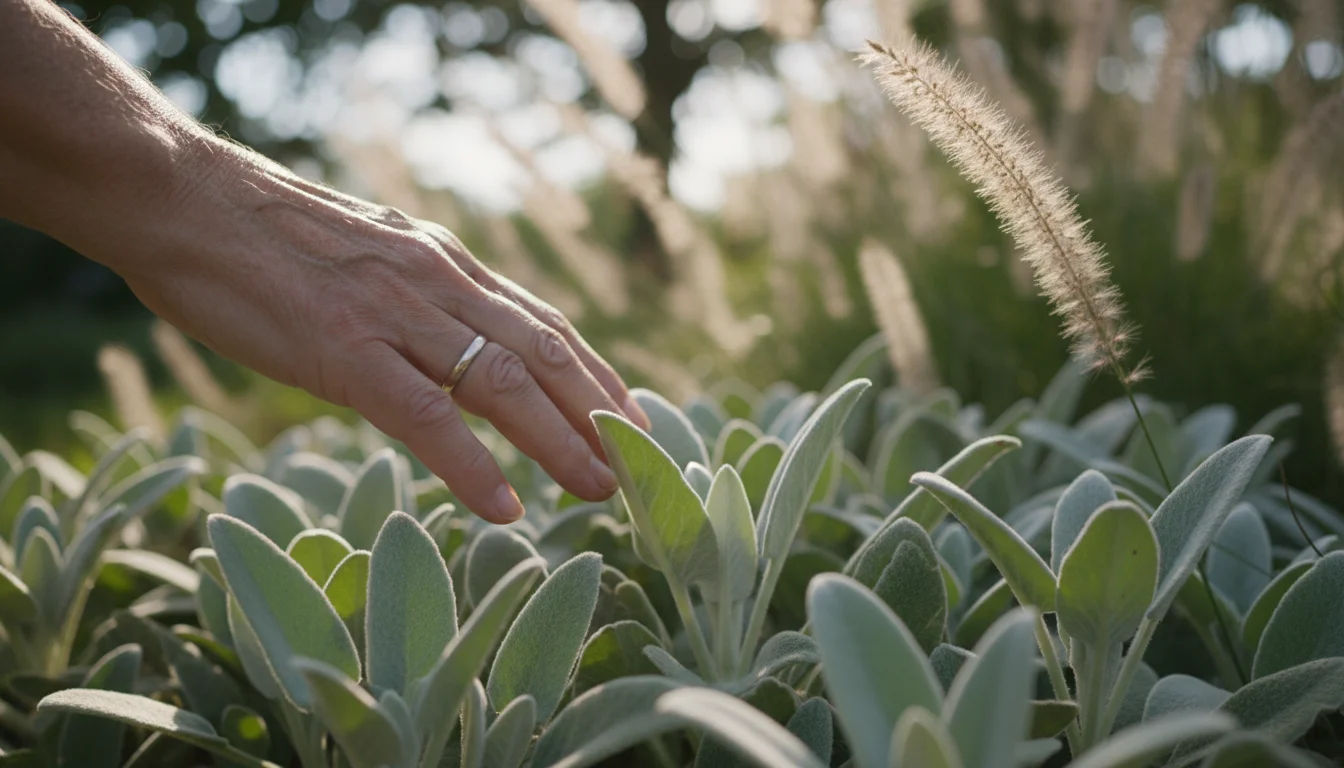 Close-up of an older person's hand gently touching the soft, fuzzy leaves of a Lamb's Ear plant in dappled sunlight.