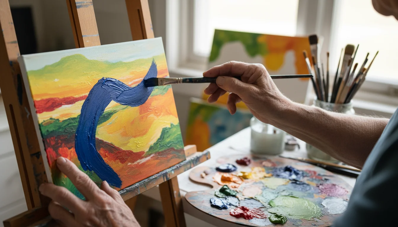 An older person's hands delicately paint a vibrant blue stroke onto a colorful abstract landscape on a canvas, surrounded by art supplies.