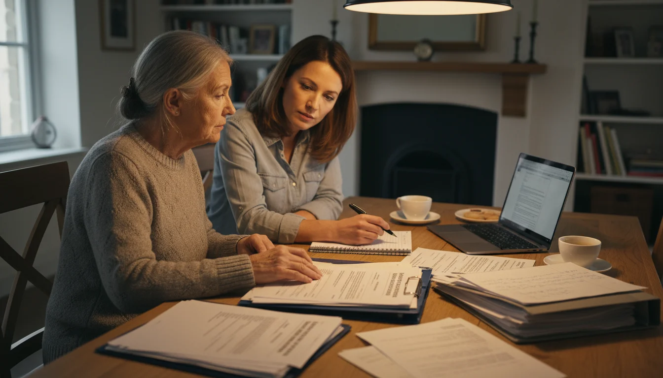 Older woman and adult daughter at a dining table, closely reviewing medical documents and notes, with a smartphone nearby.