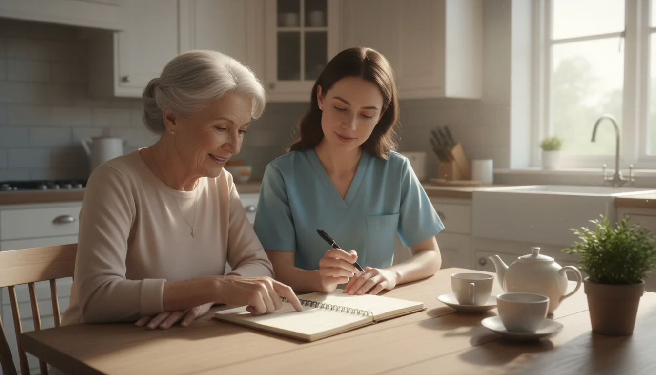 Older woman and adult daughter at a kitchen table, looking at a logbook. A caregiver stands beside them with a pen.