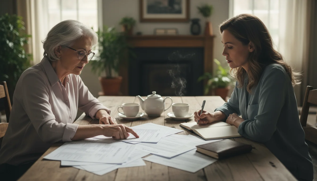 Older woman and adult daughter at a sunlit table, reviewing financial and medical documents together.