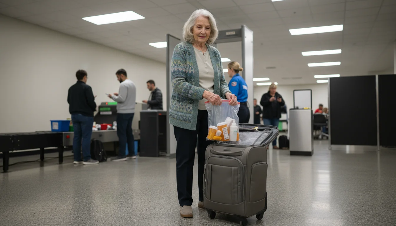 An older woman at an airport security checkpoint calmly takes a clear bag of prescription medications from her carry-on tote.
